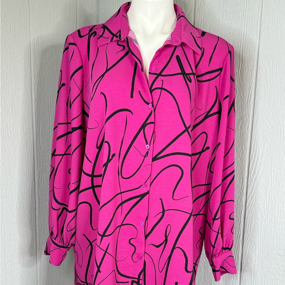 Investments Pink and Black Abstract Button Down Shirt